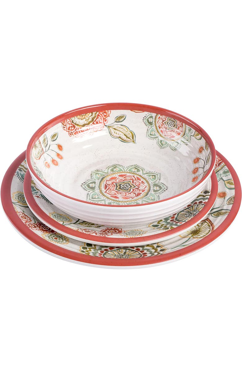 Laurie Gates Brick Floral Ripple 12pc Melamine Dinnerware Set, Alternate, color, Red