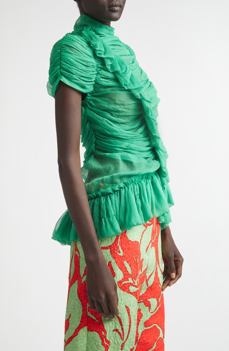 Dries Van Noten Washed Mousseline Silk Ruffle Top, Alternate, color, Green