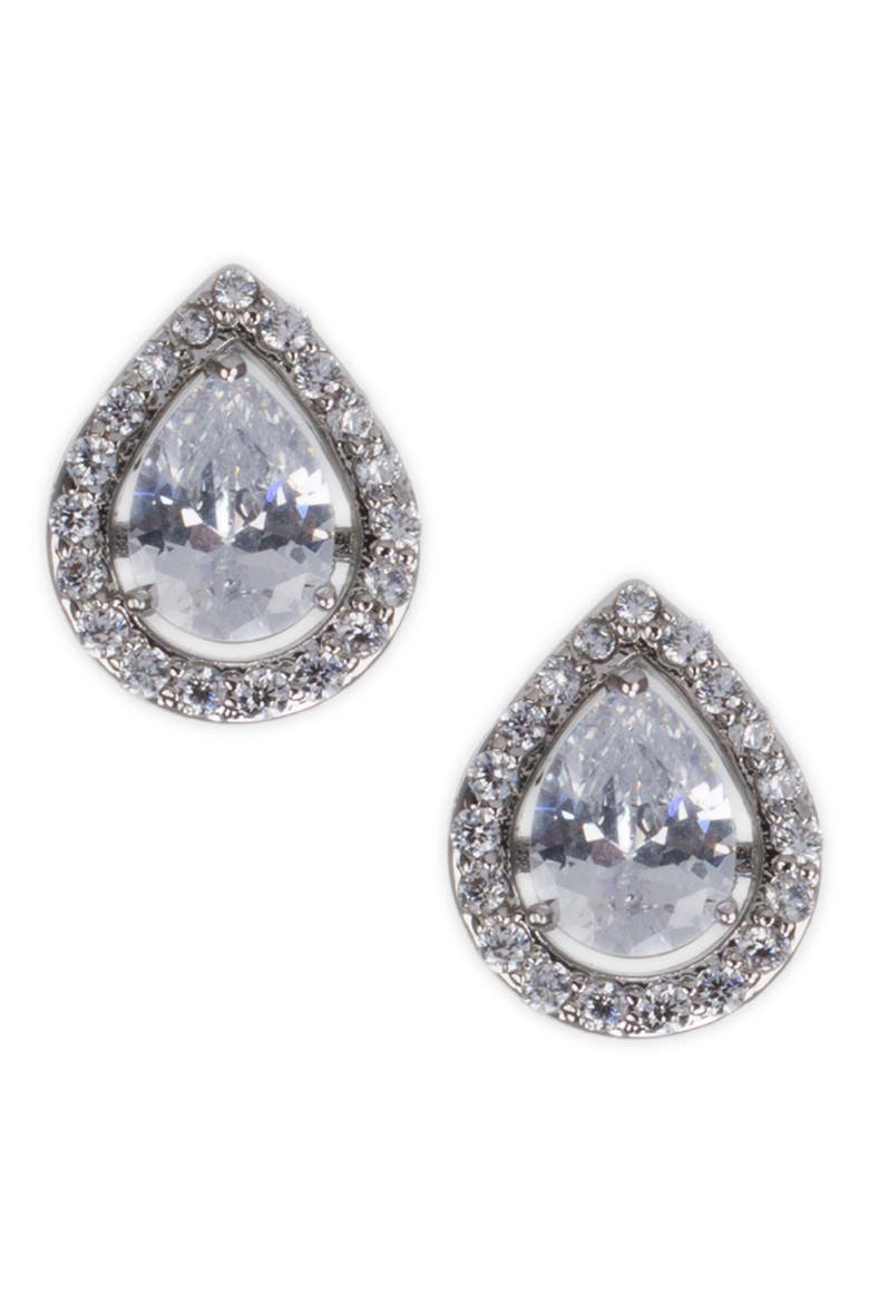 Pear Cubic Zirconia Halo Stud Earrings, Main, color, CLEAR SILVER