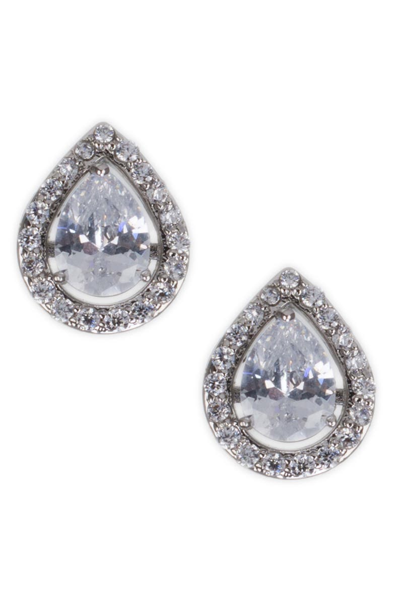 CZ by Kenneth Jay Lane Pear Cubic Zirconia Halo Stud Earrings, Main, color, Clear Silver