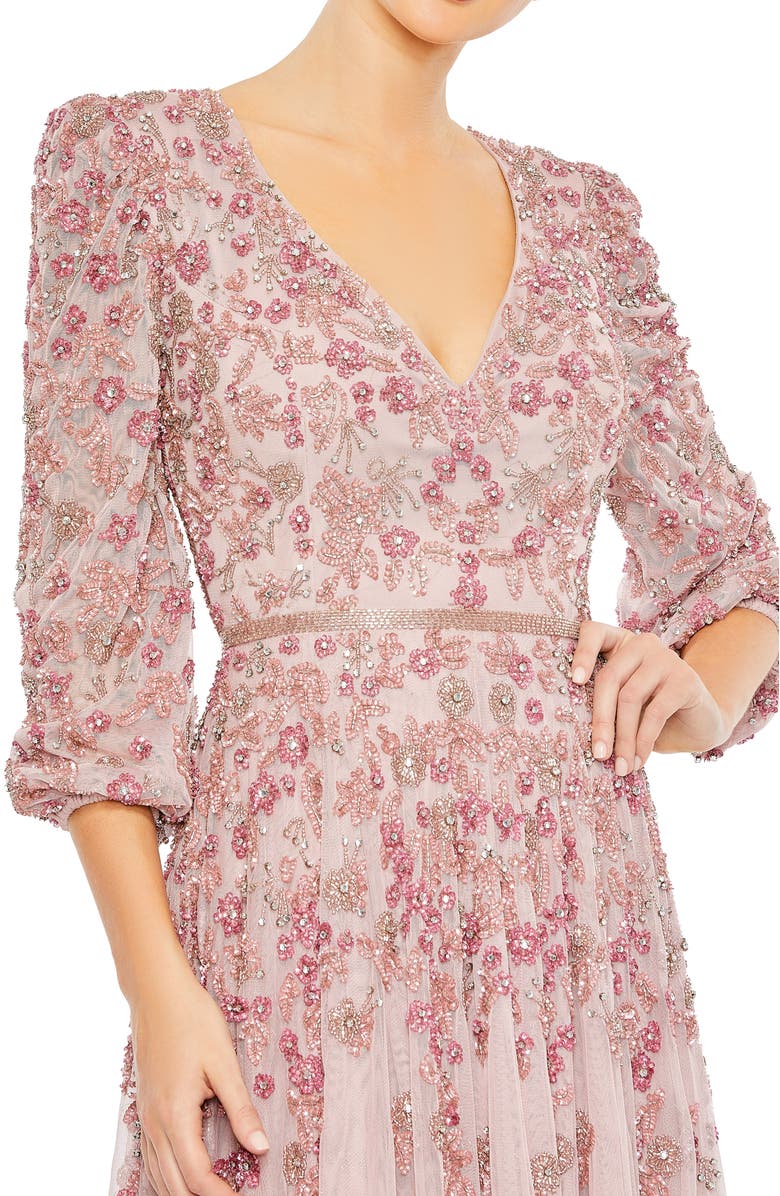 Mac Duggal Embellished V Neck 3/4 Sleeve A Line Gown, Alternate, color, Rose