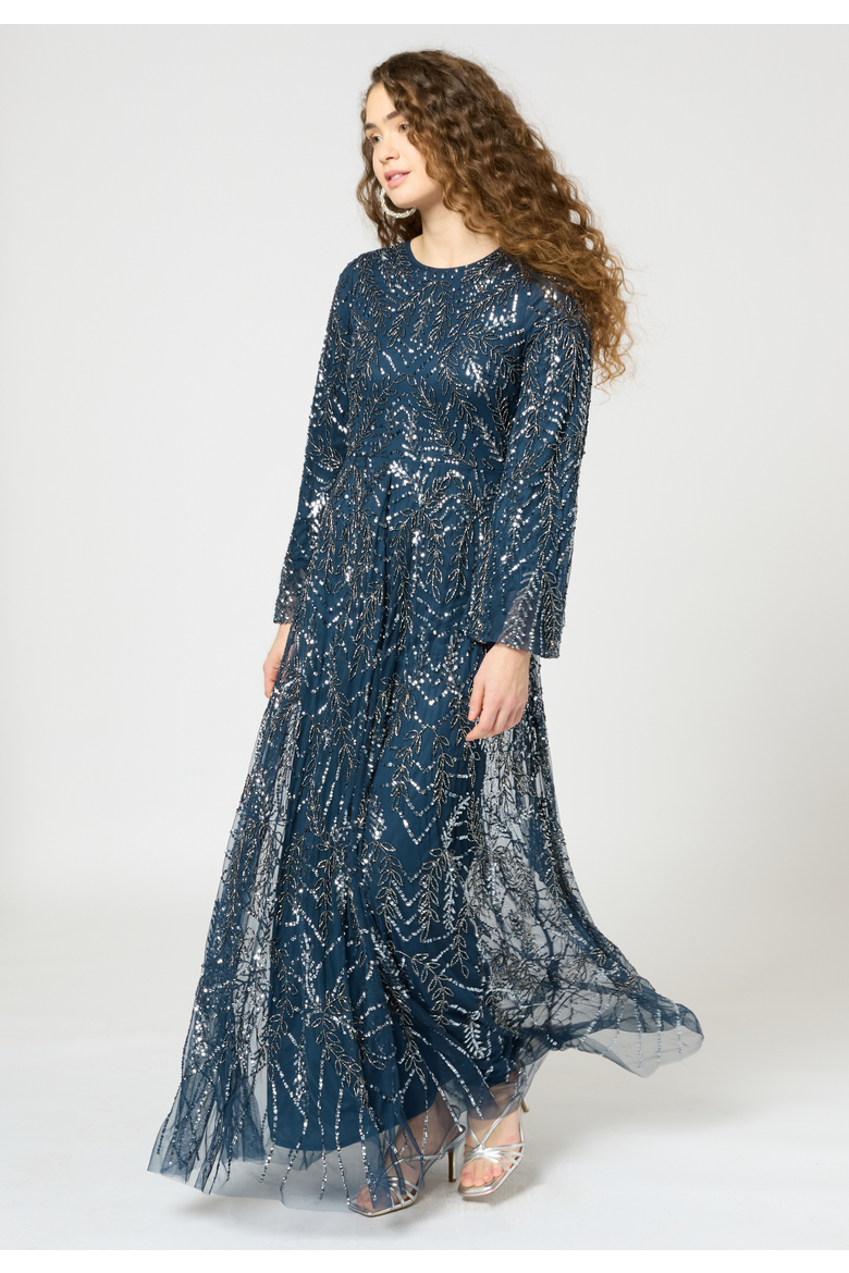 Occasion Modest Embellished Sequin Beaded Floral Long Sleeves Evening Maxi Dress, Alternate, color, NAVY