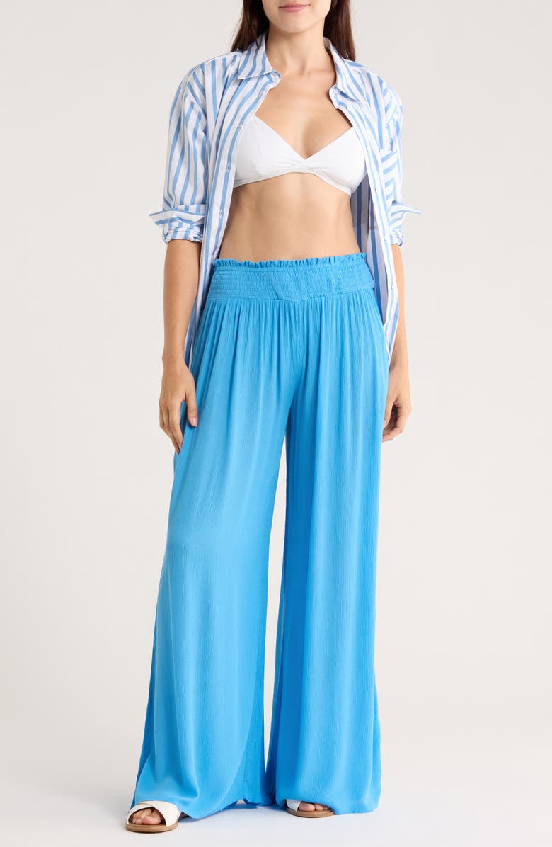 Elan Smocked Waist Wide Leg Cover-Up Pants, Main, color, Sky Blue