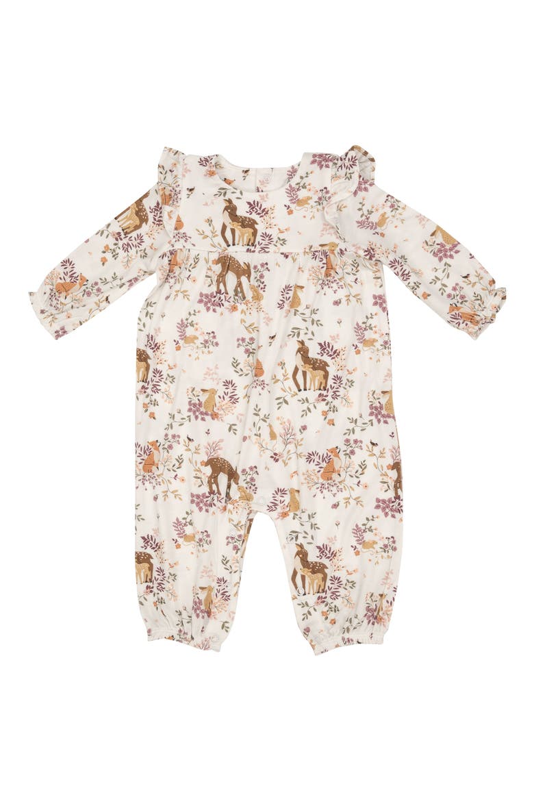 Woodland Animal Print Ruffle Shoulder Romper, Main, color, PINK