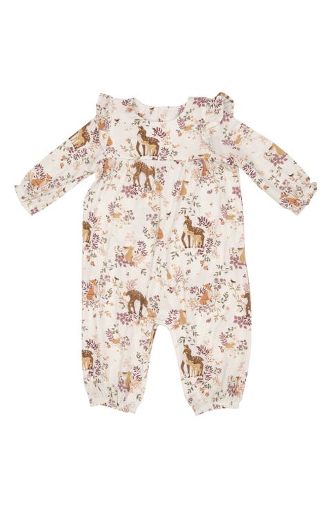 Woodland Animal Print Ruffle Shoulder Romper (Baby)