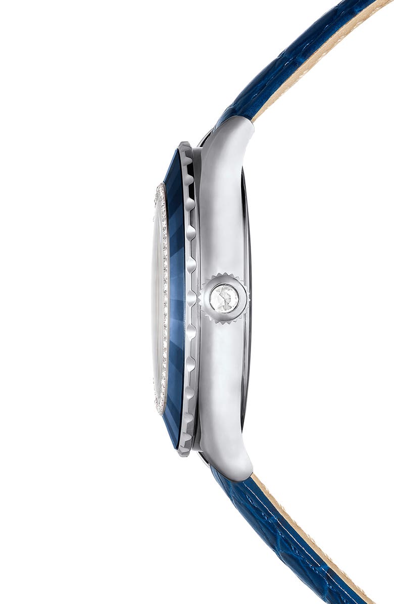 Swarovski Octea Moon Leather Strap Watch, 37mm, Alternate, color, Blue