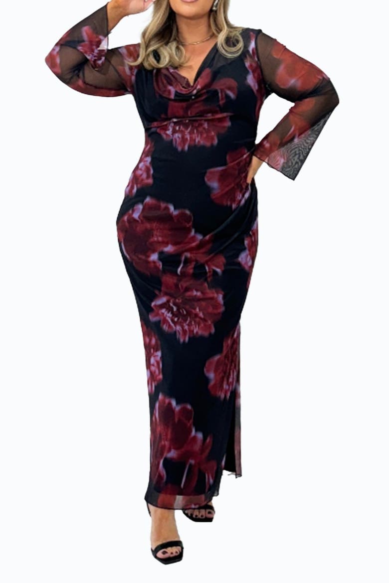 Cowl Neck Mesh Flare Sleeve Maxi Dress, Alternate, color, Burgundy