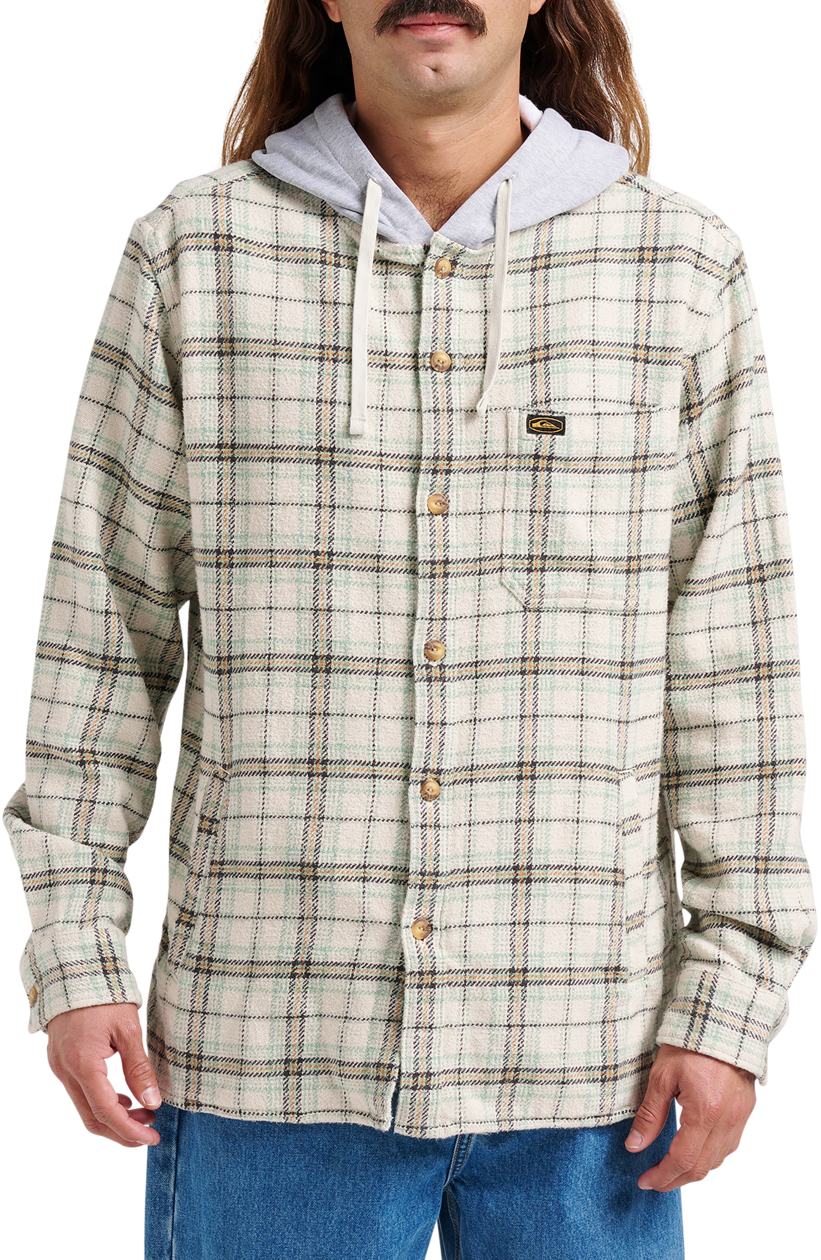 Quiksilver Sandbar Hooded Plaid Cotton Flannel Button-Up Shirt