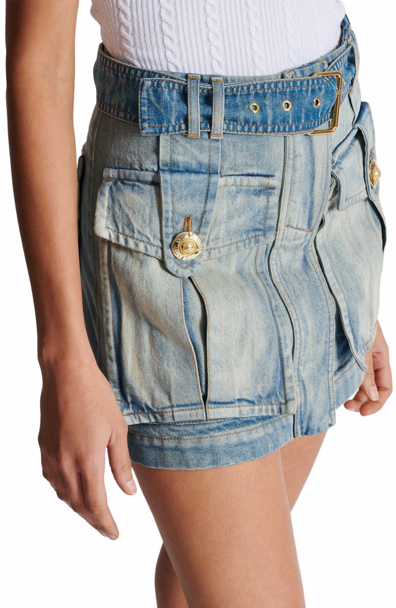 Balmain Denim Skirt With Pockets, Alternate, color, Blue