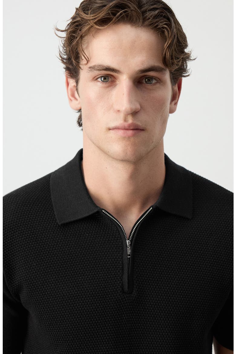 Zip Cotton Knit Polo, Alternate, color, BLACK