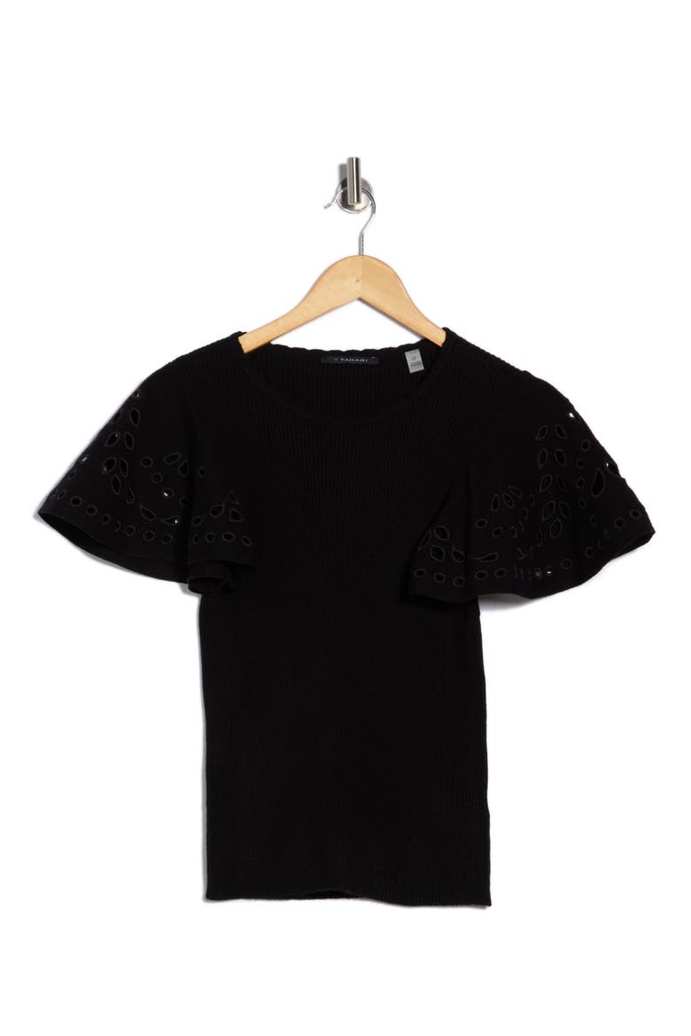 Embroidered Eyelet Short Sleeve Sweater, Alternate, color, BLACK