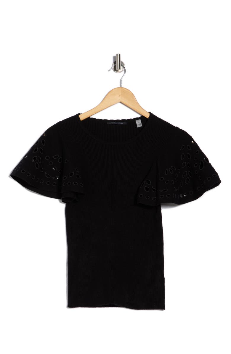 T Tahari Embroidered Eyelet Short Sleeve Sweater, Main, color, Black
