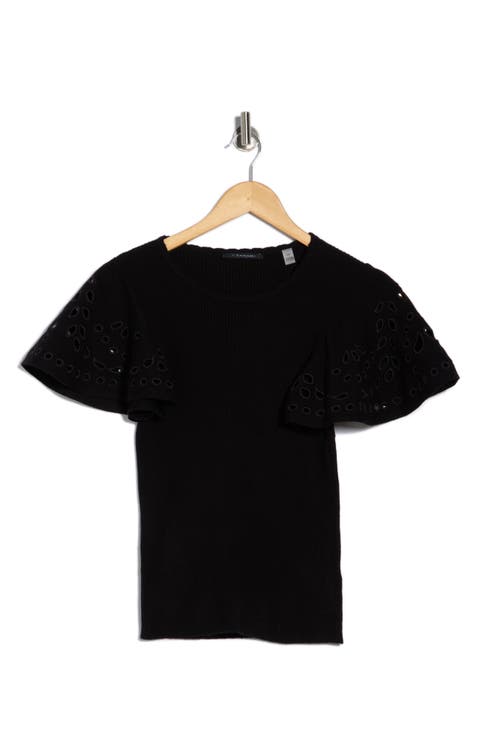 Embroidered Eyelet Short Sleeve Sweater