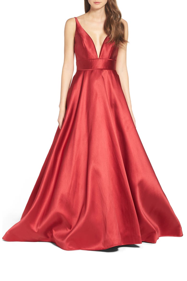 Plunge Neck Taffeta Ballgown, Main, color, WINE