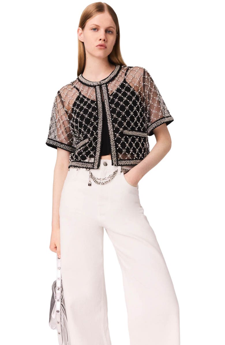 maje Embroidered tulle top, Alternate, color, Black