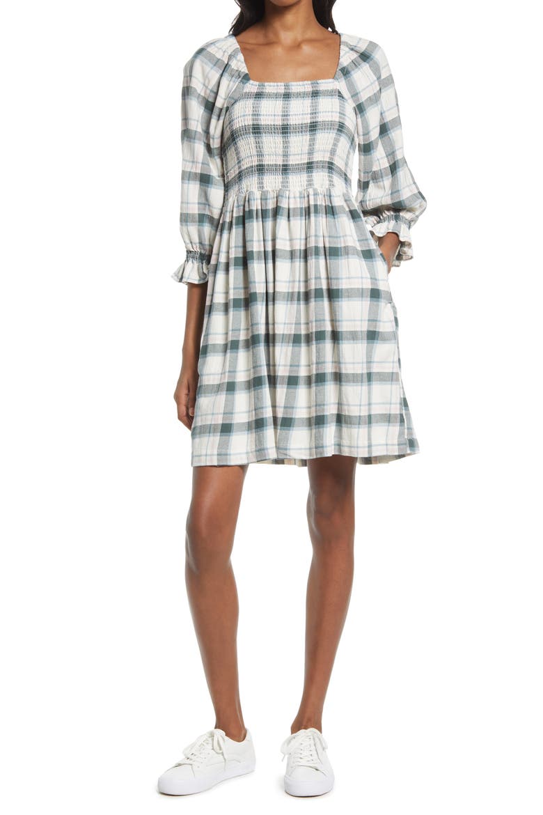 Lucie Lebaum Plaid Smocked Minidress, Alternate, color, ANTIQUE CREAM