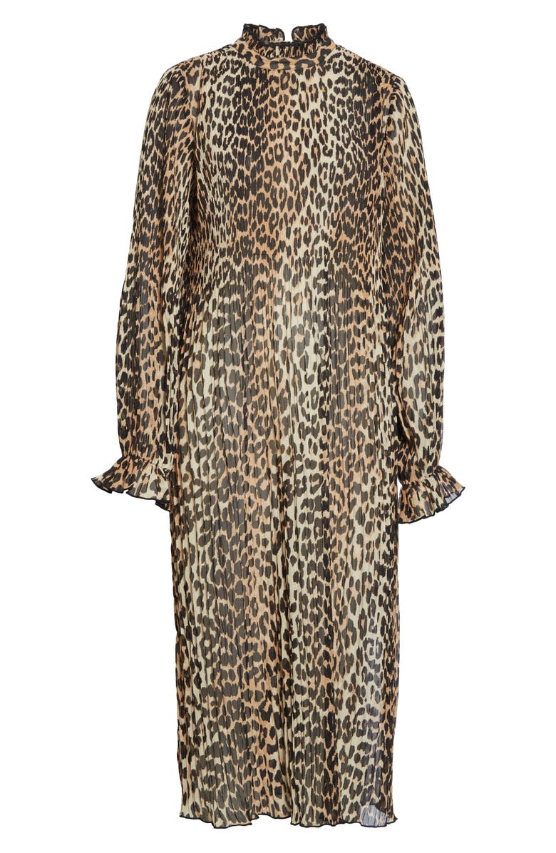 Ganni Leopard Print Sheer Georgette Long Sleeve Midi Dress, Alternate, color, 