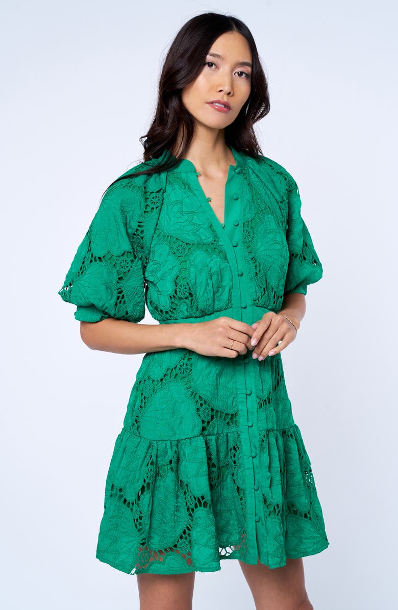 CIEBON Steph Floral Embroidered Puff Sleeve Minidress, Alternate, color, Green