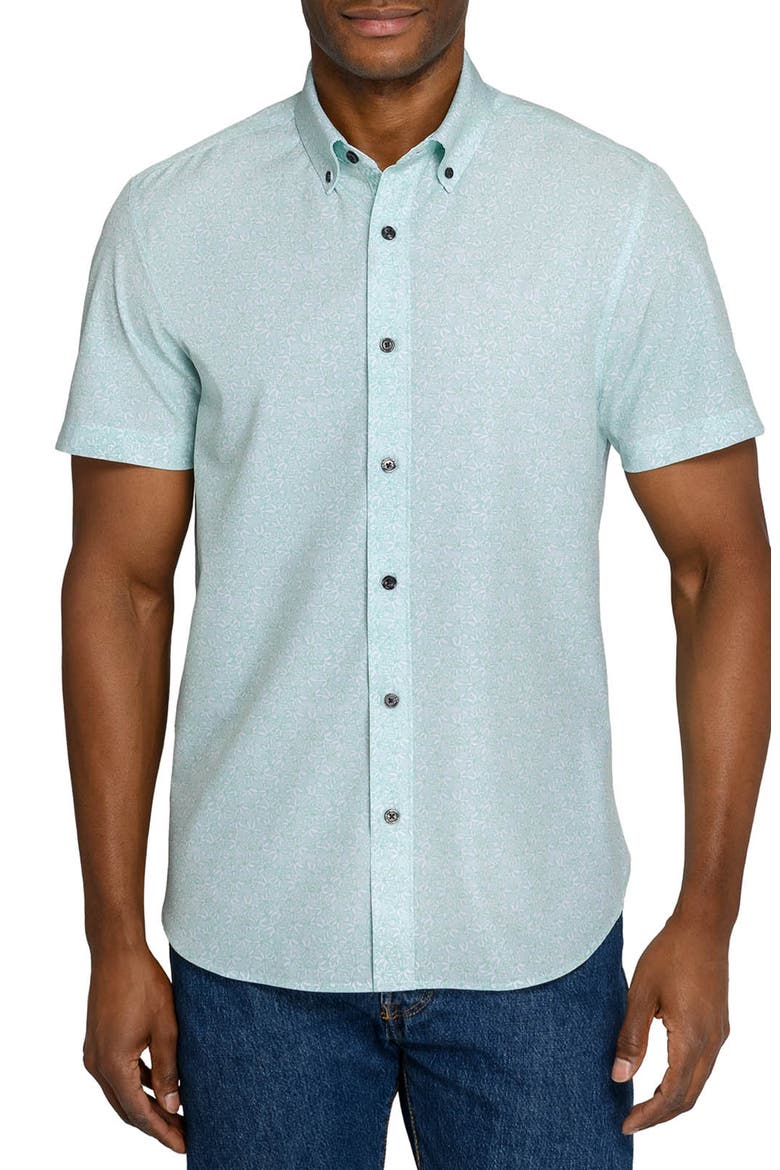 Slim Fit Sketched Floral Woven Short Sleeve Basic Shirt, Main, color, MINT