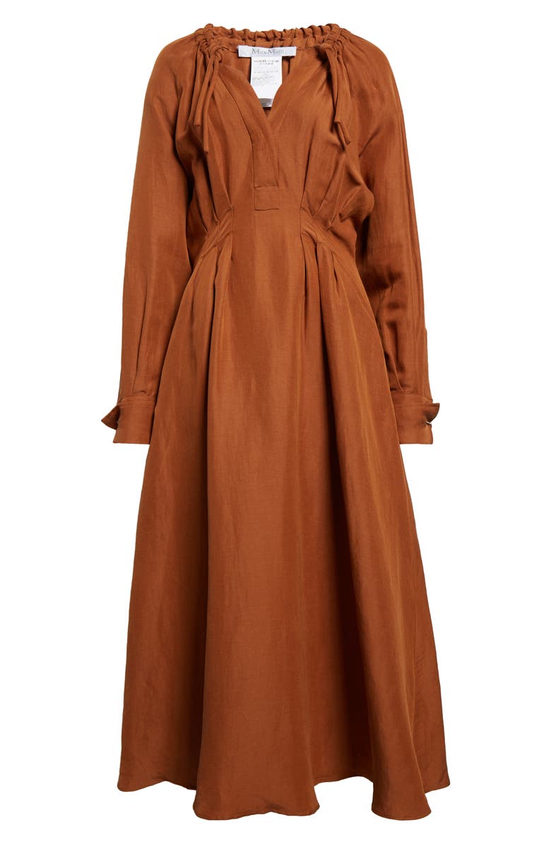 Max Mara Drina Pleated Waist Long Sleeve Linen & Silk Dress, Alternate, color, Tobacco