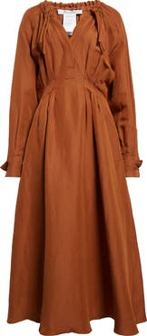 Max Mara Drina Pleated Waist Long Sleeve Linen & Silk Dress