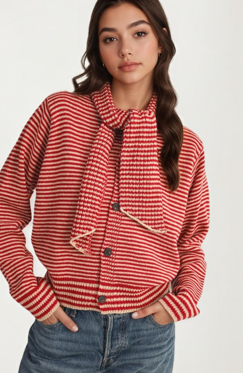 Knit and Lounge Striped Knit Button Tie-Neck Scarf Cardigan, Alternate, color, Red / Off-White Stripes
