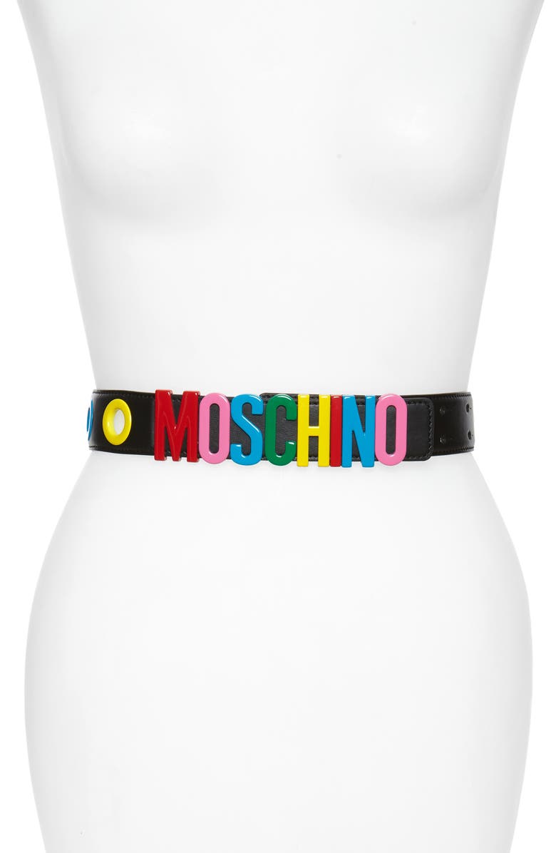 Moschino Logo Plaque & Grommet Belt, Main, color, 