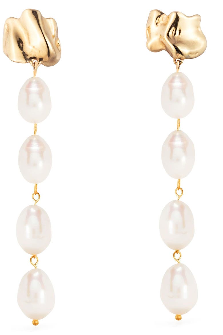 Molten Freshwater Pearl Drop Earrings, Main, color, GOLD