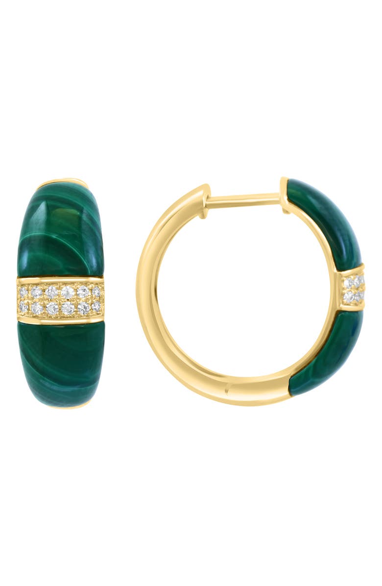 EFFY 14K Yellow Gold Malachite & Diamond Huggie Hoop Earrings - 0.08ct., Main, color, 