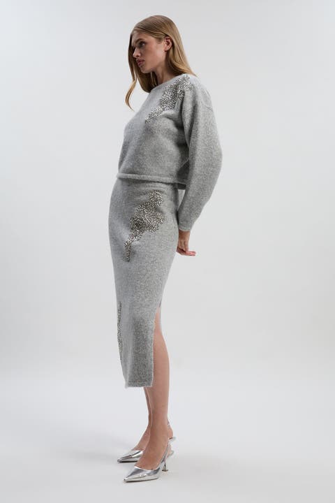 Wool Embellished Pencil Midi Skirt