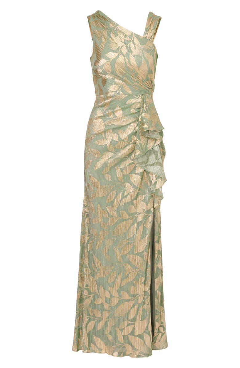 Adrianna Papell Asymmetric Metallic Foil Leaf Gown, Alternate, color, Sage/ Gold