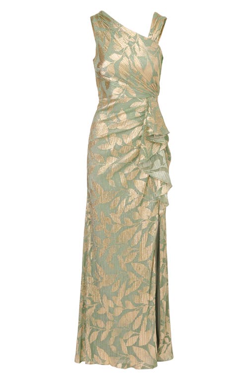 Shop Adrianna Papell Asymmetric Metallic Foil Leaf Gown In Sage/gold