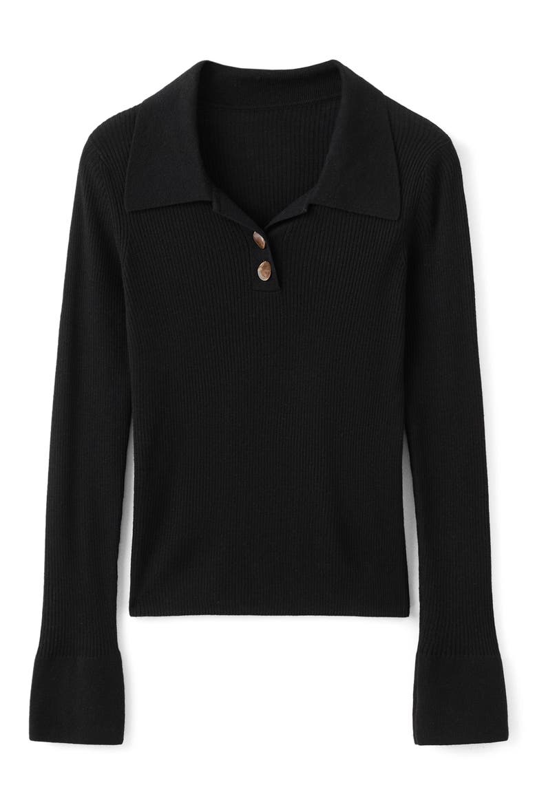 Rib Fluted Long Sleeve Polo Sweater, Alternate, color, BLACK