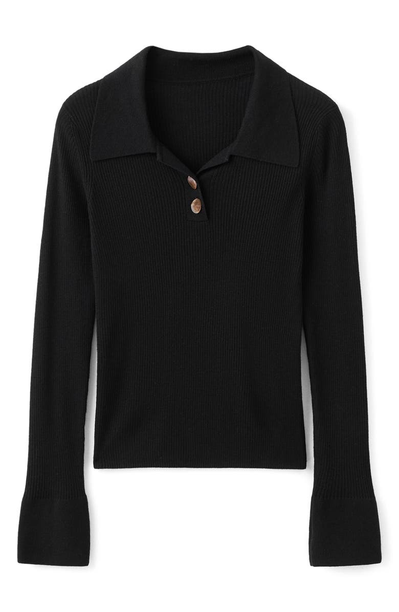 MANGO Rib Fluted Long Sleeve Polo Sweater, Alternate, color, Black