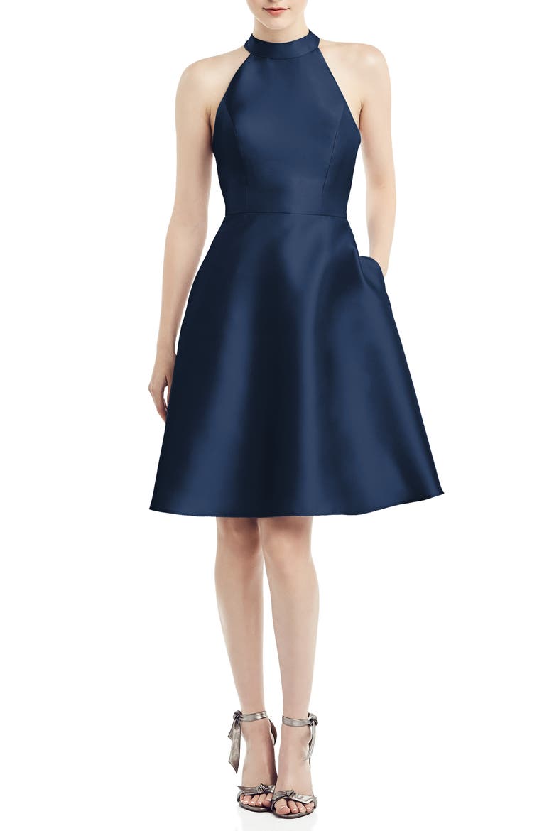 Halter Style Satin Twill Cocktail Dress, Main, color, MIDNIGHT