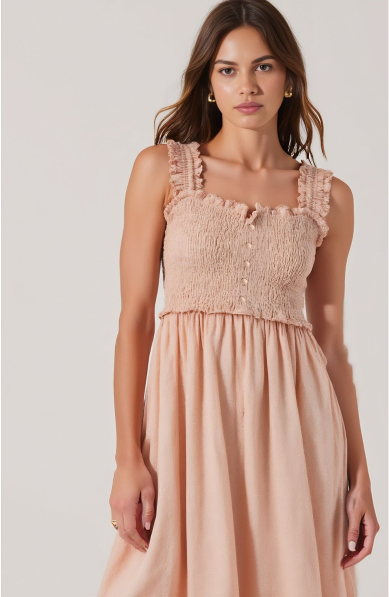 Modenaire Smocked Button-Front Ruffle-Strap Midi Dress, Alternate, color, Light Pink