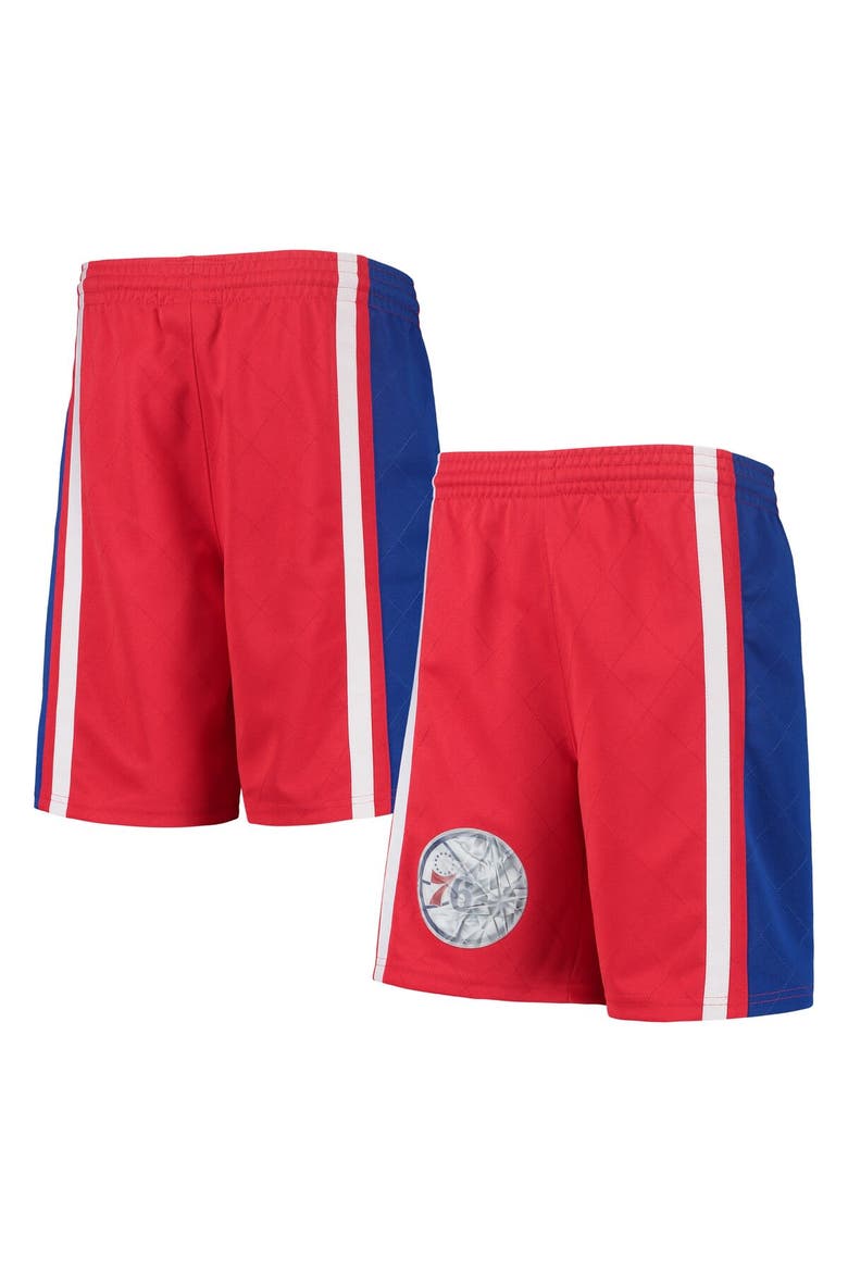 Youth Mitchell & Ness Red Philadelphia 76ers 1996 Hardwood Classics 75th Anniversary Swingman Shorts, Main, color, Red