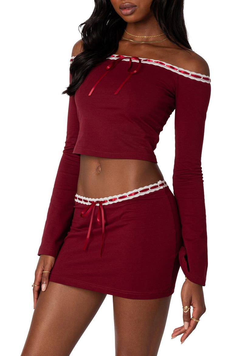 Seline Ribbon Trim Off the Shoulder Crop Top, Alternate, color, BURGUNDY
