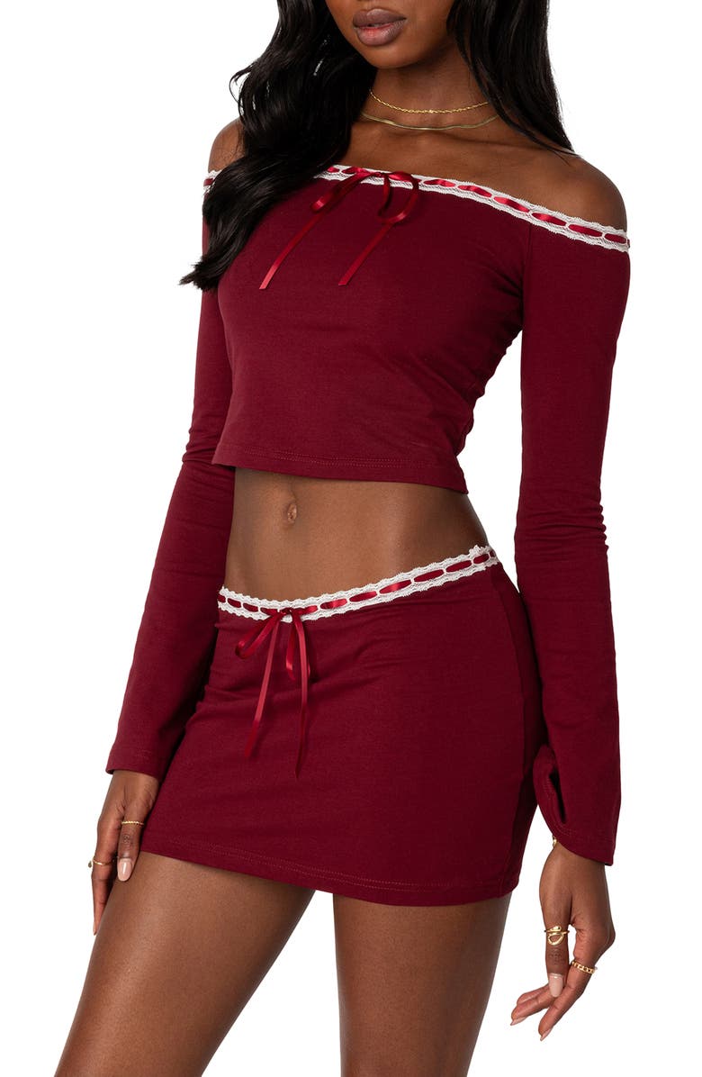 EDIKTED Seline Ribbon Trim Off the Shoulder Crop Top, Alternate, color, Burgundy