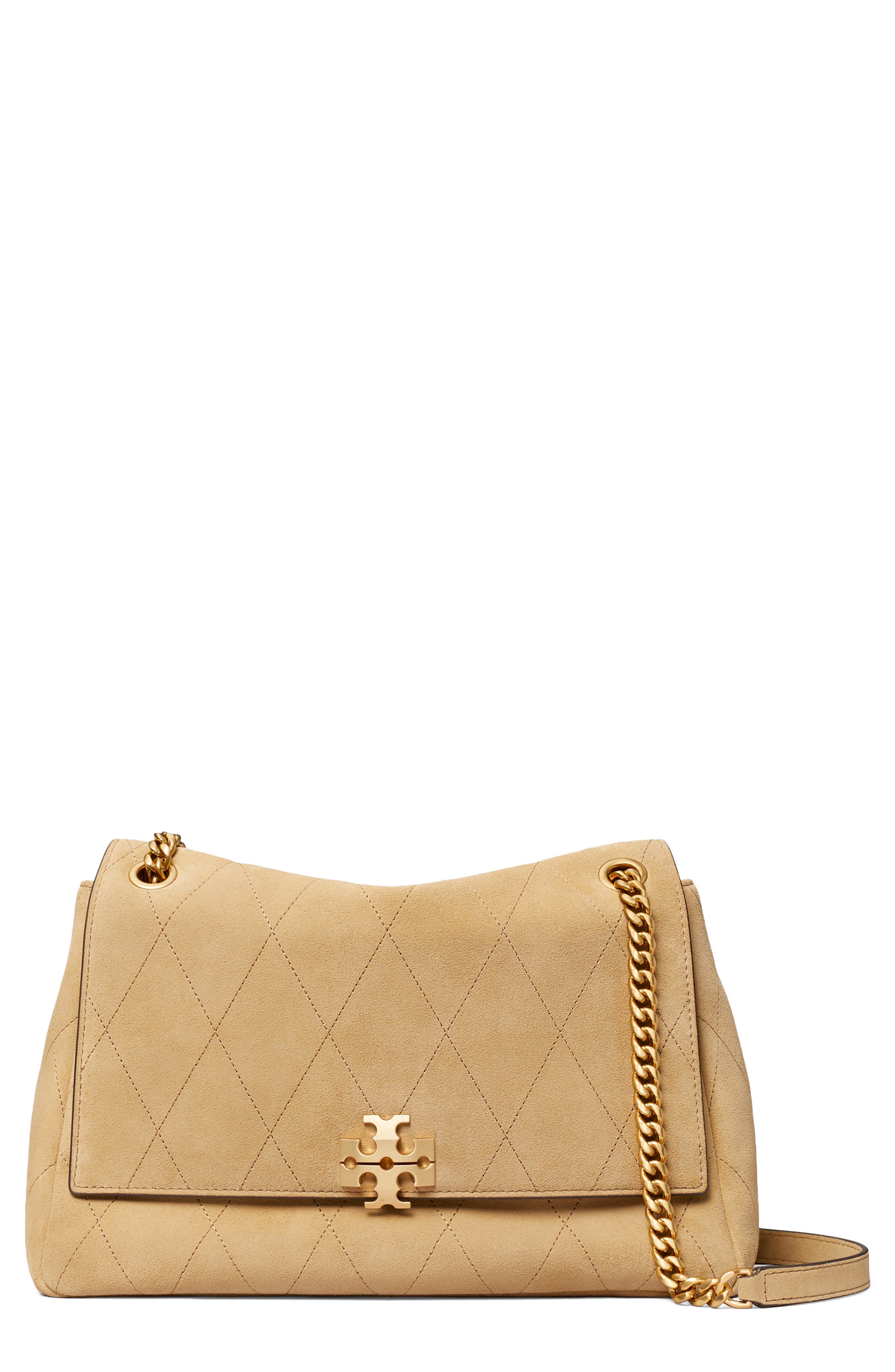 Tory Burch Charlie Quilted Suede Shoulder Bag, Main, color, Stone