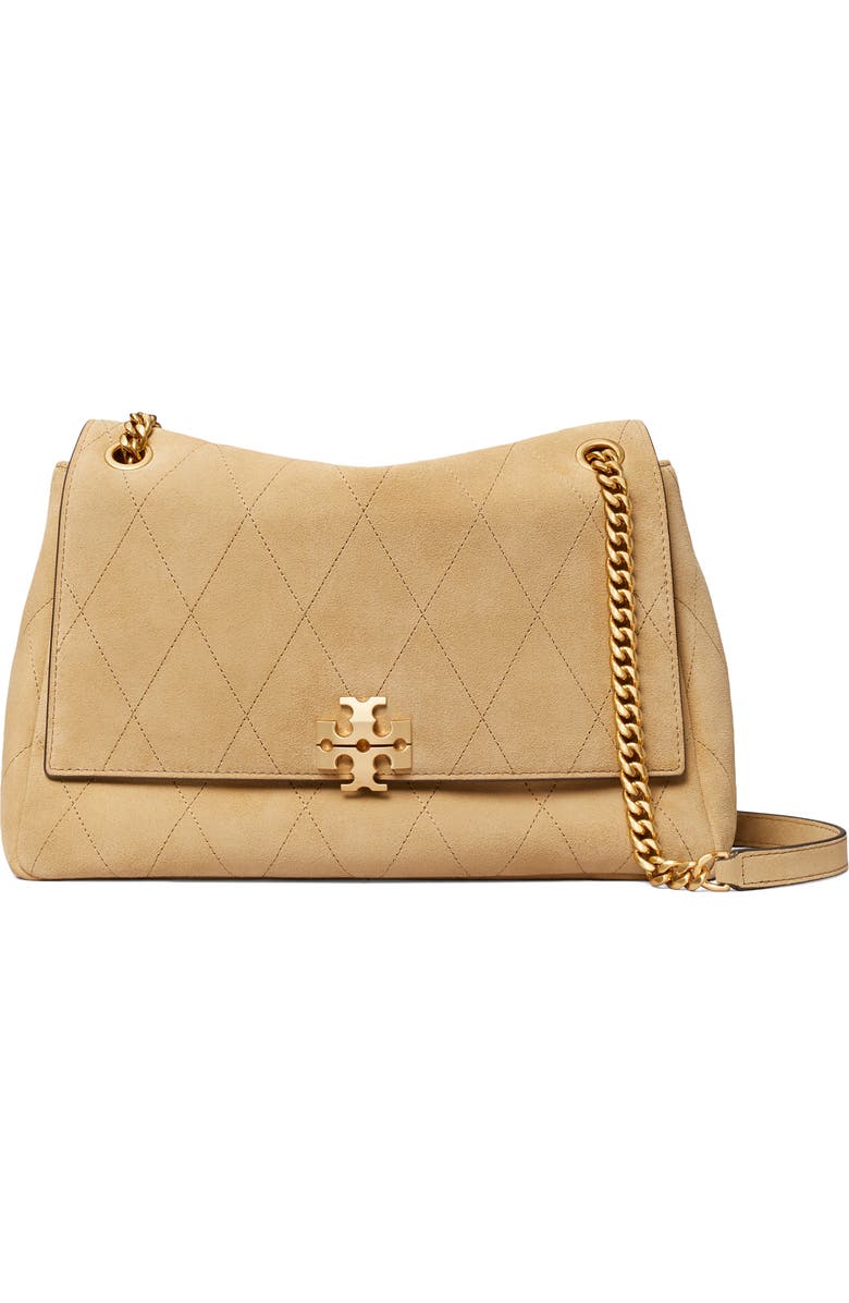Tory Burch Charlie Quilted Suede Shoulder Bag, Main, color, Stone