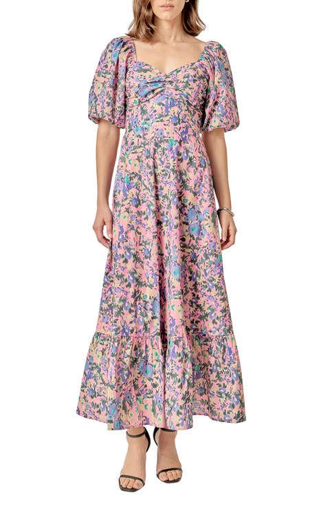 Abstract Floral Open Tie Back Maxi Dress