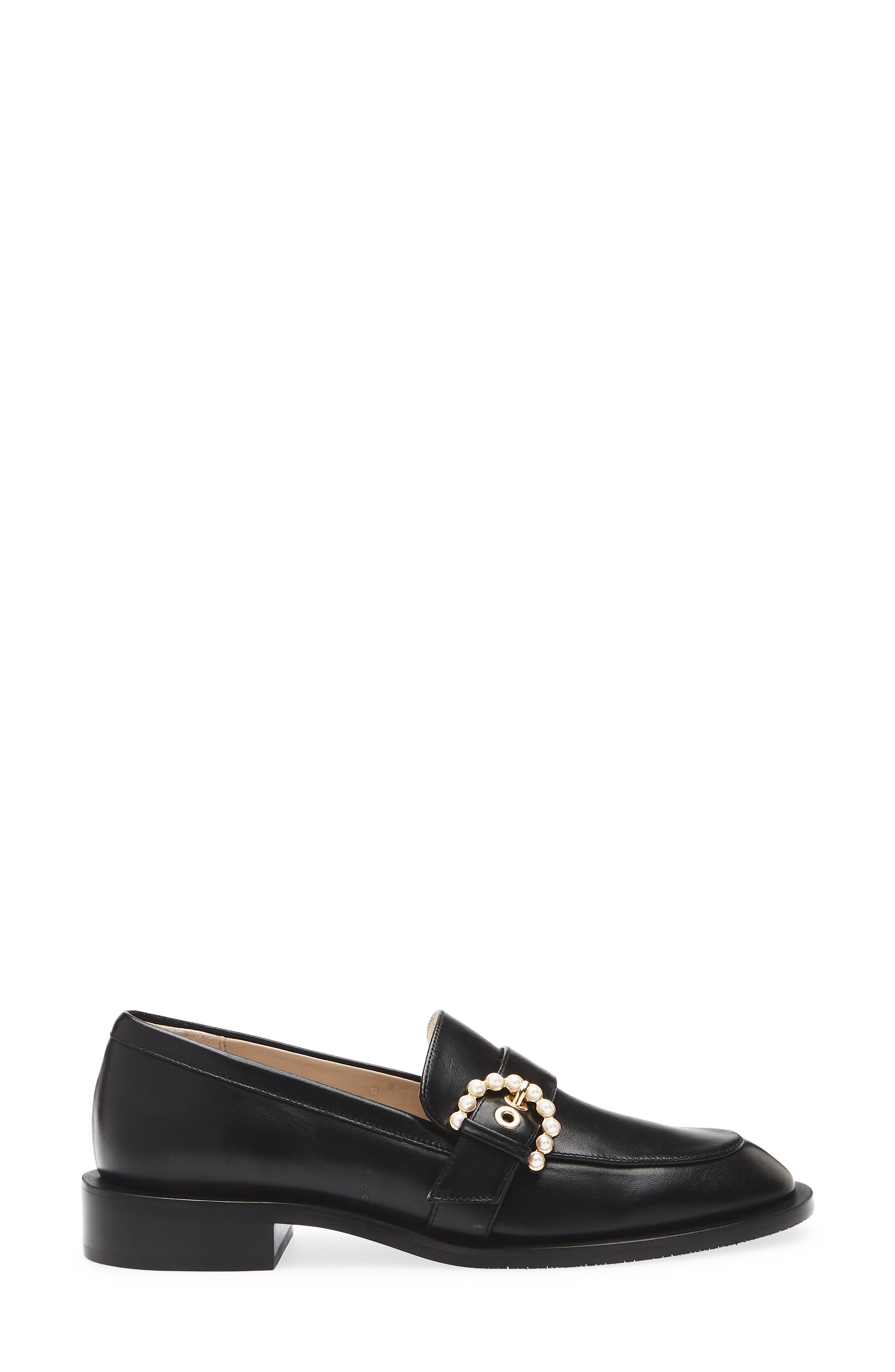 Stuart Weitzman Piper Faux Pearl Buckle Loafer, Alternate, color, Black