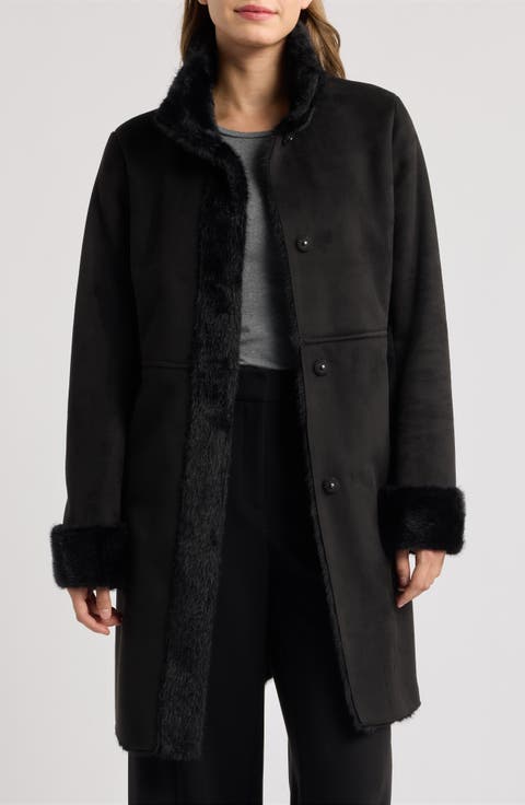 Faux Fur Trim Faux Suede Car Coat