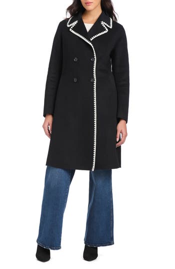 Kate Spade New York Embroidered Double Breasted Top Coat In Black