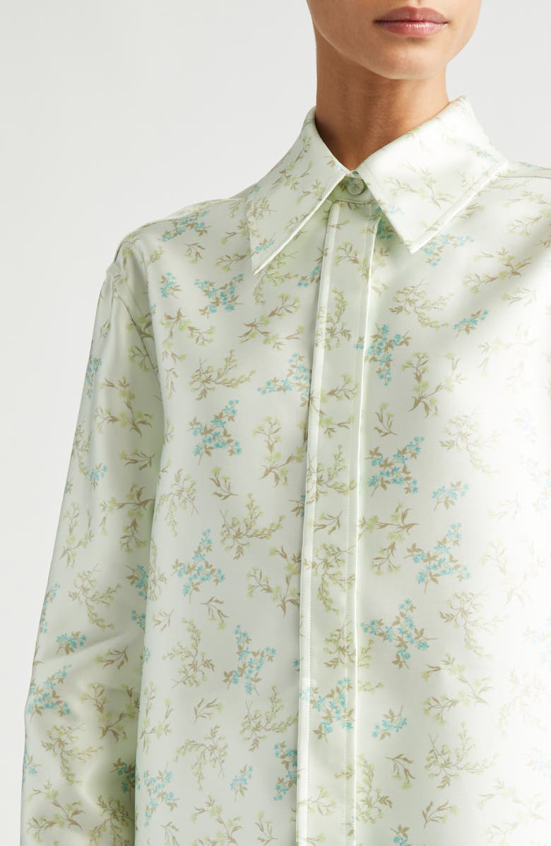 Jil Sander Floral Satin Button-Up Shirt, Alternate, color, Green Mint