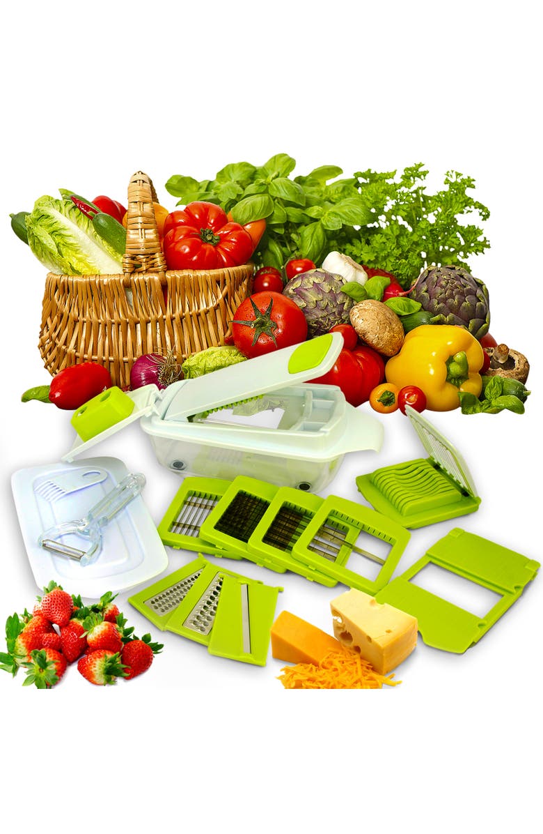 Megachef 8-in-1 Multi-Use Slicer Dicer and Chopper with Interchangeable Blades, Vegetable and Fruit Peeler and Soft Slicer, Alternate, color, Green