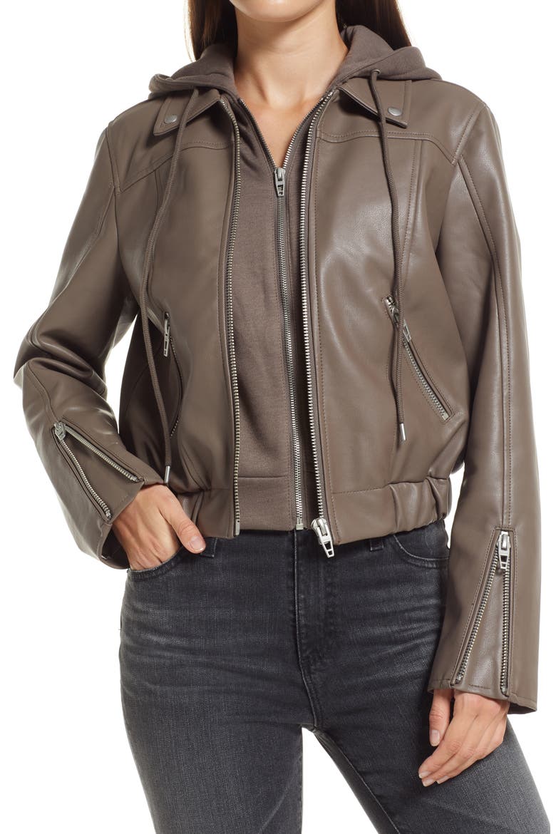 Faux Leather Bomber Jacket with Removable Hood, Alternate, color, WEEKEND RETREAT