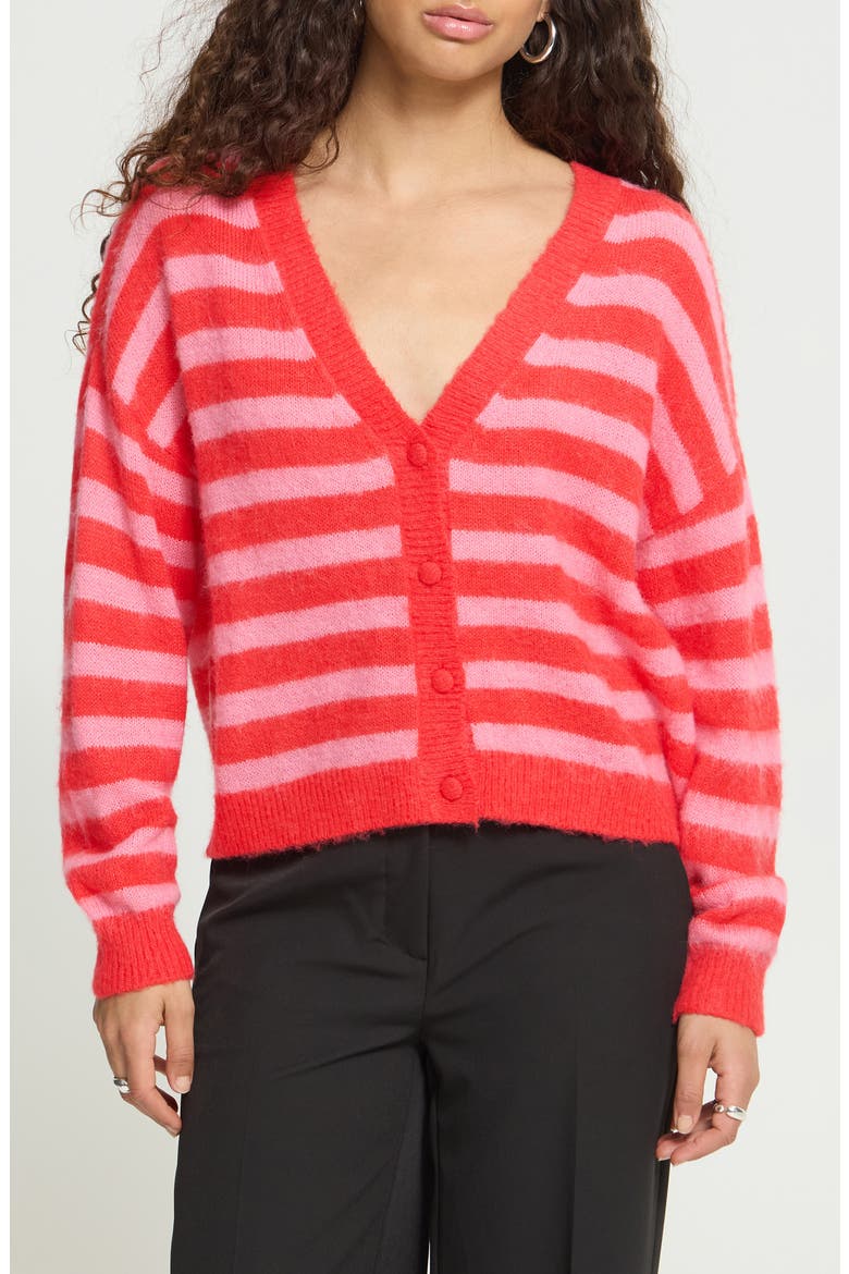 Striped V-Neck Cardigan, Main, color, POINSETTIA WITH PINK STRIPE