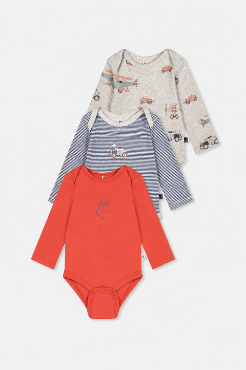 Three Pack Organic Cotton Airplanes Long Sleeve Bodysuit